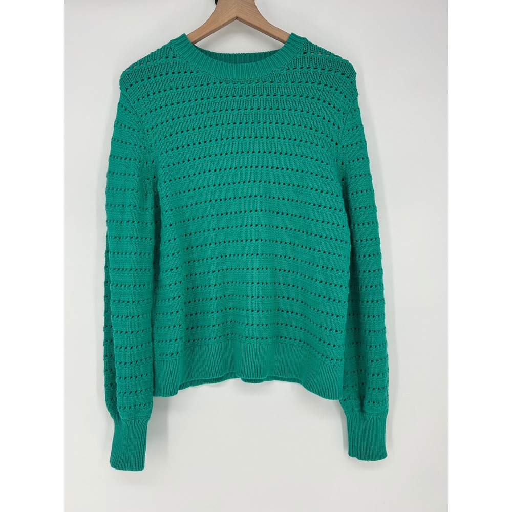 J. Crew Balloon-Sleeve Pointelle Sweater In Green Teal- Womens Size Large